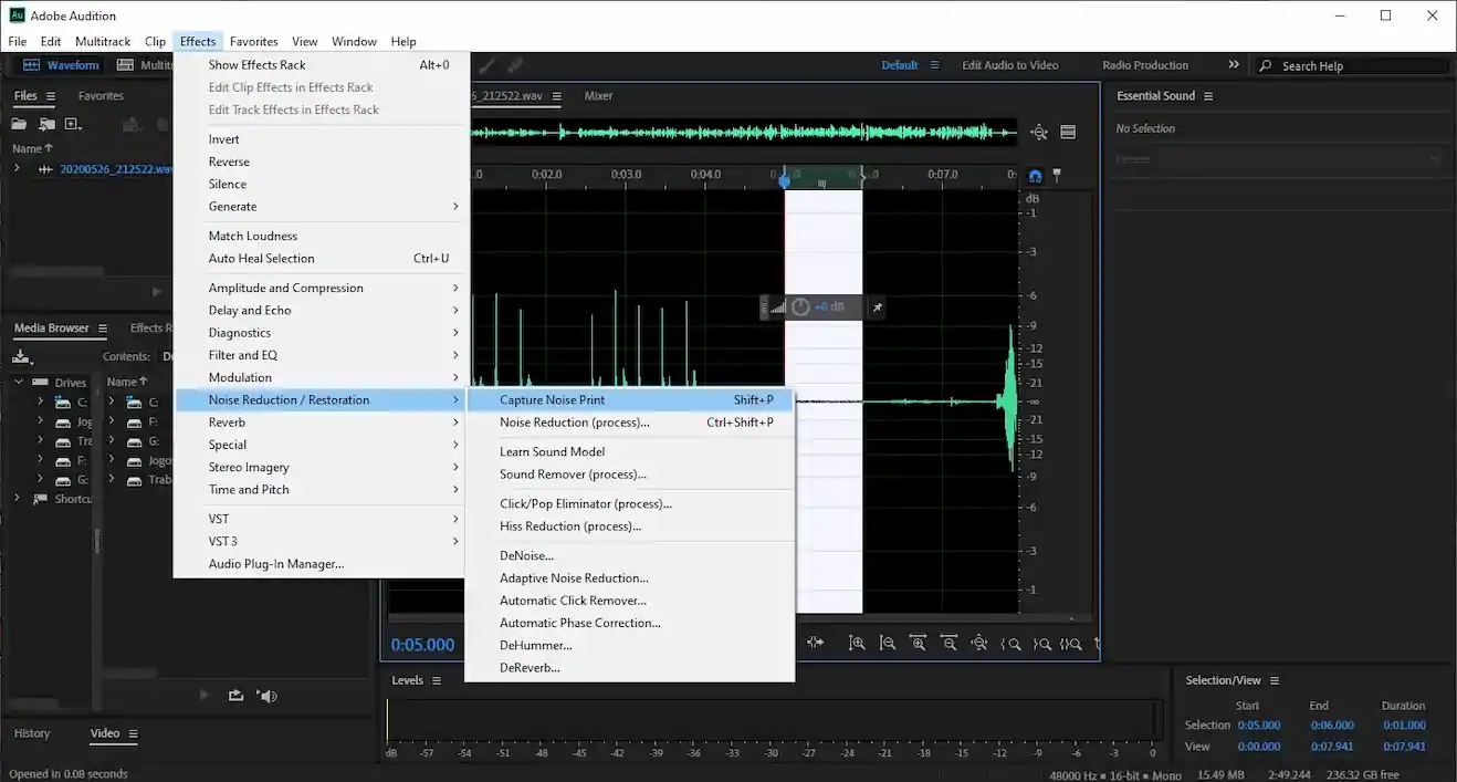 صورة من برنامج Adobe Audition لتقنية و ضبط الصوت من أجل طريقة تسجيل الصوت بشكل احترافي علي الاندرويد