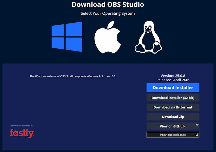 واجهة موقع برنامج OBS لتسجيل الشاشة و عمل بث مباشر للألعاب